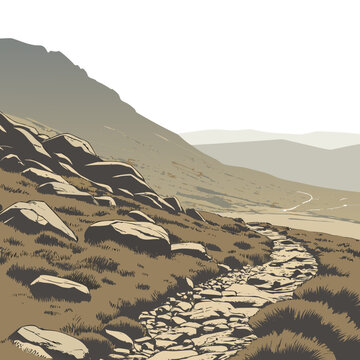 A stylized illustration depicts a rocky path winding through a mountainous landscape with muted earth tones high quality professional detailed