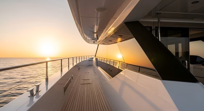 Luxury yacht deck at sunset over calm ocean water
