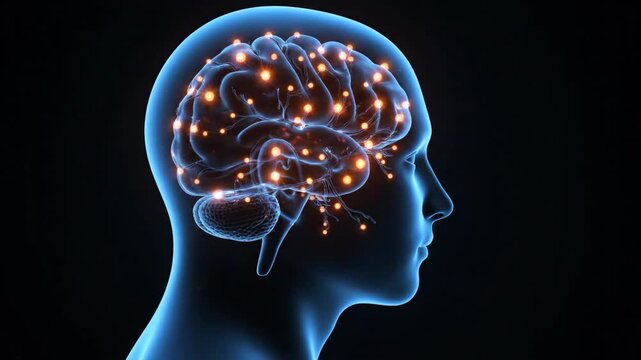 3D rendering of a human brain within a silhouette head, showing a vibrant neural network with glowing orange lights representing activity and connections.