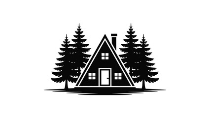 Obraz premium Cozy cabin house in pine forest silhouette black vector illustration rustic home landscape nature lodge isolated on transparent background