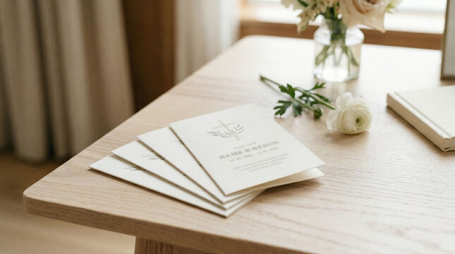 Prayer cards on funeral table with floral arrangement and natural light  