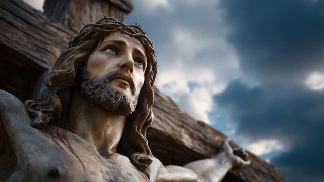 Ultra-realistic close-up of crucifix sculpture, Jesus looking to the sky with calm expression, smooth stone and wooden textures catching sunlight through clouds, solemn sacred tone