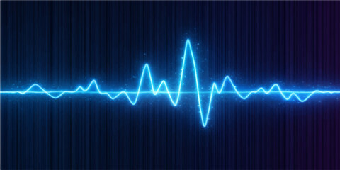 Fototapeta premium A medical illustration of a green EKG heartbeat wave pulsing across a blue monitor screen to display a patient's life rate and cardiac health on an abstract digital electrocardiogram