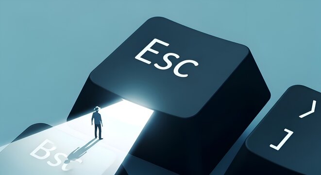 Man stepping out of esc key into light person keyboard