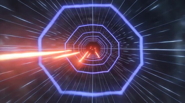 A bright orange laser beam shoots through a glowing blue octagonal portal in a futuristic technological environment viewed from a direct frontal perspective.