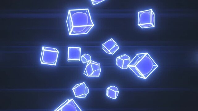 Glowing blue cubes float in a dark digital environment with technology background lines.
