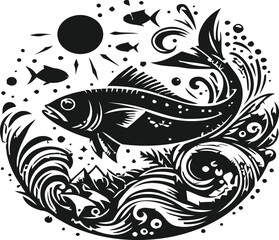 Fototapeta premium A stylized black and white illustration of a large fish swimming amidst swirling ocean waves.