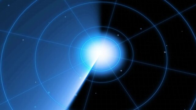 Digital Blue Radar Futuristic Interface With Circular Scan And Digital Grid Background. Scanning lines, and a central light pulse over a dark  background. 