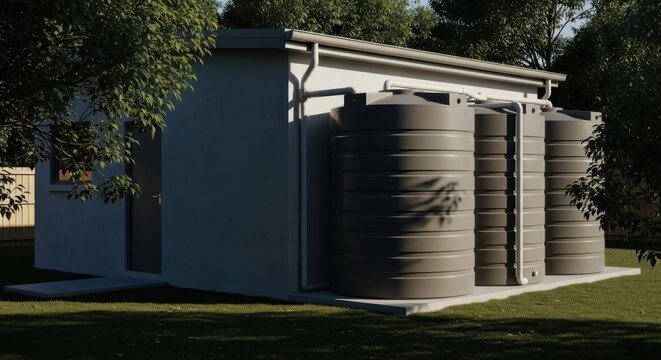Modern utility shed structure with attached large capacity water storage tanks for rainwater harvesting and conservation