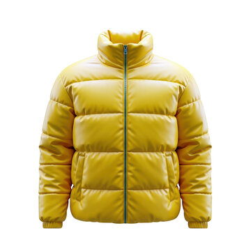 Yellow puffer jacket for winter, warm padded coat with zipper, fashion clothing, isolated on transparent background.