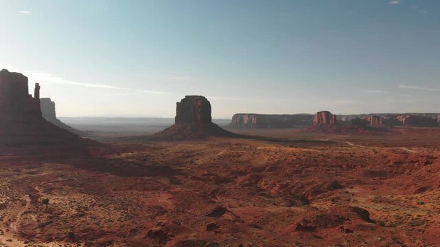 Aerial panoramic view of Monument Valley National Park at summer sunset, United States