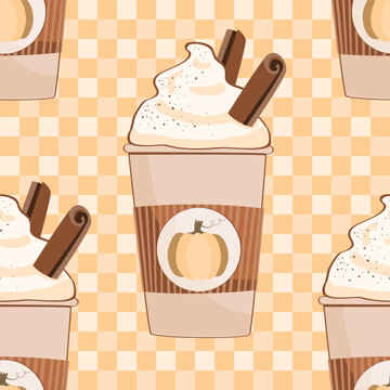 Pumpkin spice latte seamless pattern on orange gingham background. To go mug of coffee with whipped cream vector illustration.