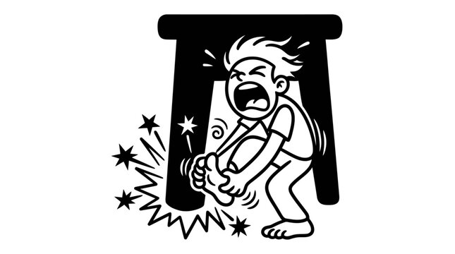 Minimalist Furniture Leg with Stubbed Toe Cartoon Line Art, Monochrome Vector Illustration of Painful Slapstick Humor