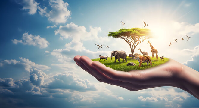 Earth day celebration hand holding miniature eco system with animals and trees on a sunny day with blue sky and clouds