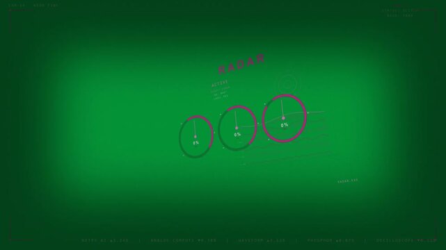 Radar HUD activating on transparent backdrop, magenta dials drawing in, pulsing, indicating scan