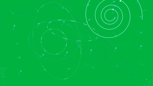 HUD data viz evolving on clear bg, spiral appearing, reshaping ellipses, guiding dots, showing flow