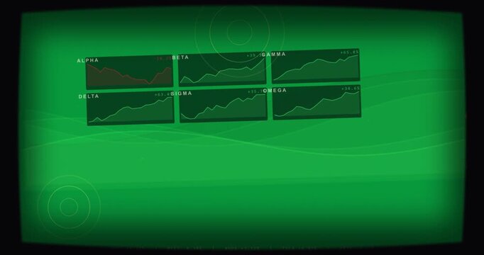 Loading vignette 6 charts updating  and  green waves shifting showing metrics on transparent backgro