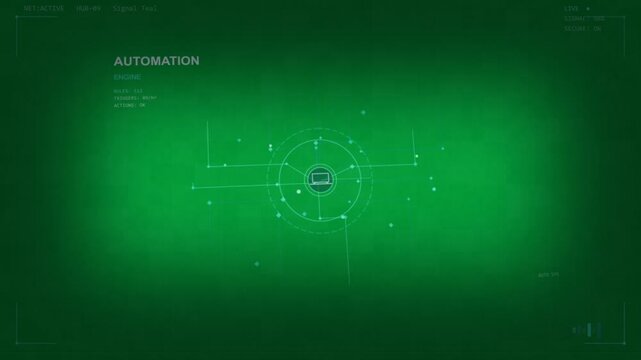 Teal HUD pulsing rings, extending lines lighting nodes showing ENGINE status on transparent canvas