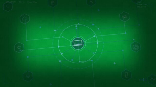 Faint target appearing, launching laptop pulsing, linking hex icons, showing data on transparent bg