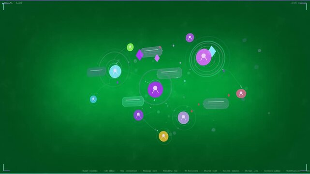 central purple hub reacting to data pulses, showing rings, links and chats on transparent tech HUD