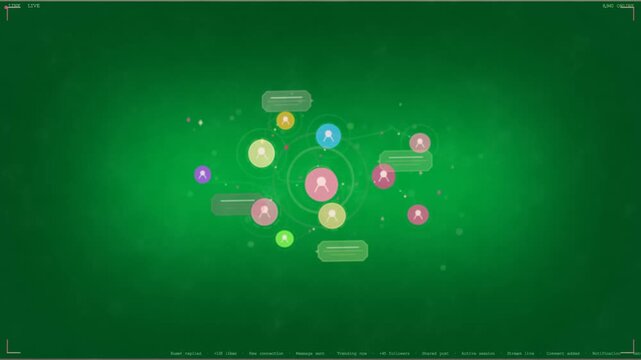 Center pink avatar pulsing on load emitting rings popping chats showing transparent social activity