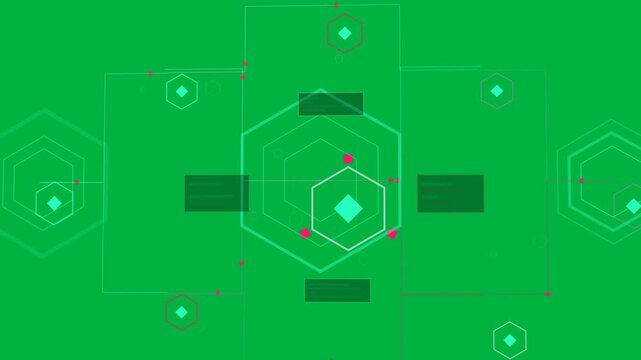 Animating hexagonal data hub growing from small diamond on dark canvas, with panels and links