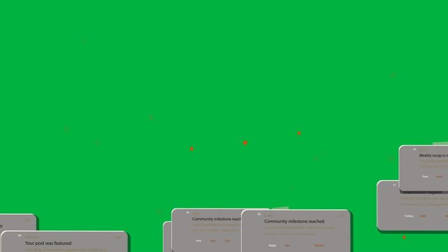 UI cards sliding up after brief delay, stacking and revealing milestones on transparent backdrop