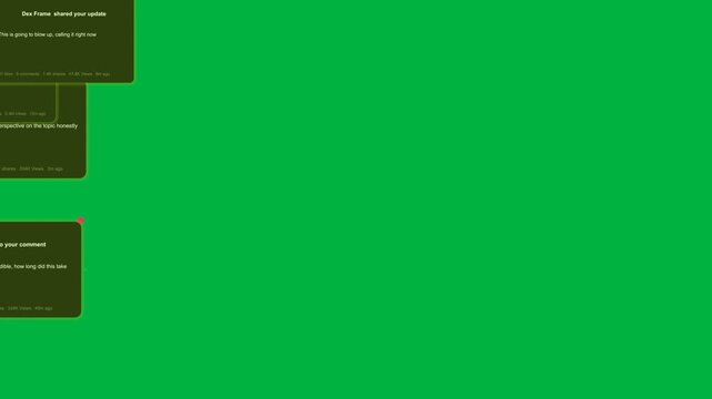 New alerts, green cards sliding, stacking, settling, notifying, fading on transparent UI
