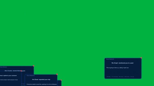 Lower-right panel starting blue cards popping stacking clearing showing alerts on transparent field