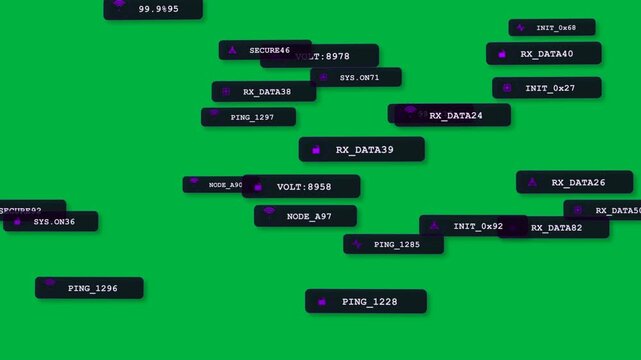 Purple telemetry tags popping in, clustering mid, jittering, updating status on transparent HUD