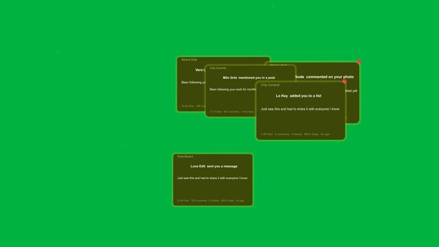 First alert popping cards stacking splitting drifting off and fading showing flow on transparent bg