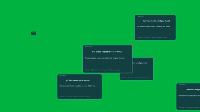 Single teal notice appearing, starting card cluster animating to show links on transparent canvas