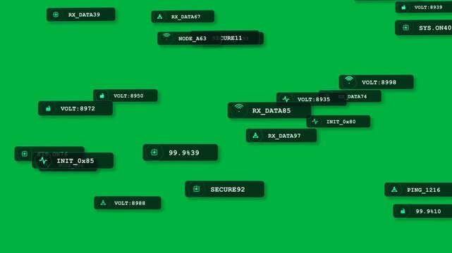 Frames spawning tags edges drifting inward updating vals forming steady UI band on transparent BG