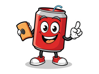 Fototapeta premium Animated soda can character holding a burger and giving a thumbs-up
