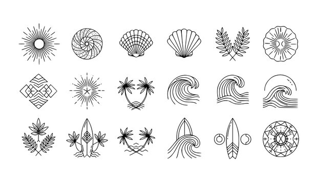 Bohemian ocean line logo set with sun seashell palm wave and surf geometric minimalist vector collection