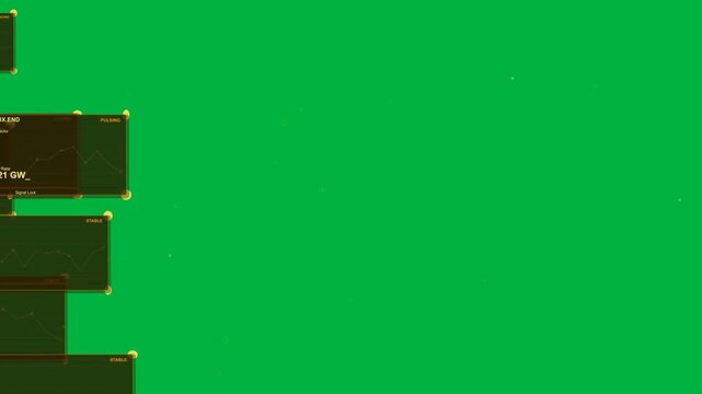 Sparkles appearing, causing amber panels sliding in from left in HUD, revealing charts, copy space