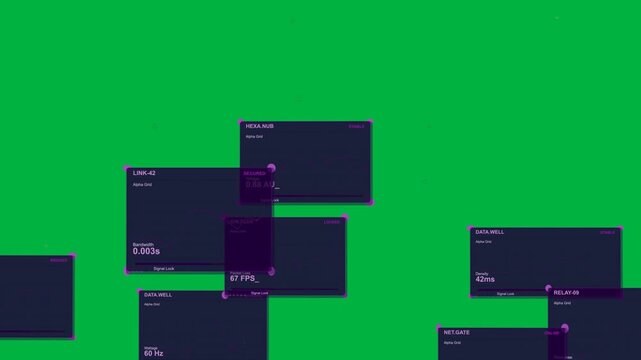 HUD panels rising after pause, stacking and showing metrics on transparent background, then leaving