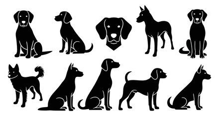 Collection of various dog breeds in silhouette, showcasing different poses and characteristics. © Hiroto