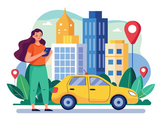 Naklejka premium Woman using a mobile app while standing next to a yellow taxi in a city setting