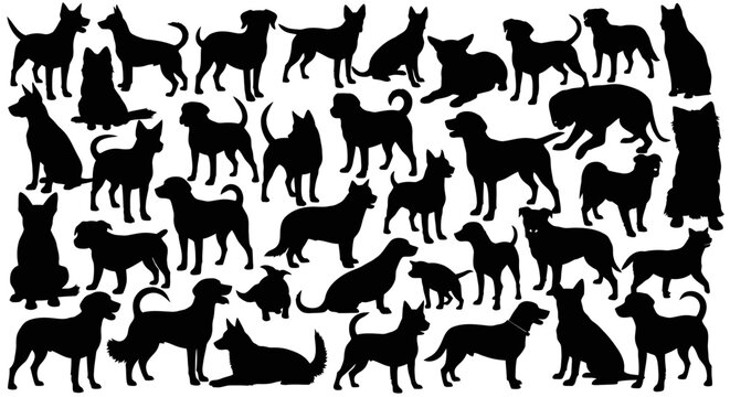 Collection of various dog breeds in silhouette form.