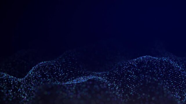 Blue particle wave landscape on dark background. Glowing dots forming digital data surface with smooth flowing motion, futuristic cyber terrain, sparkling light particles, seamless loop, 4K 60fps