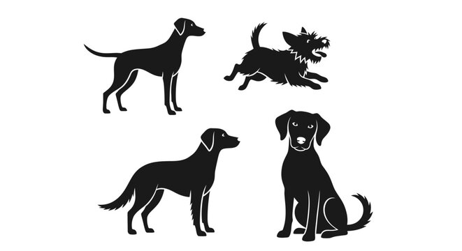 Diverse dog breeds silhouettes collection in various poses.