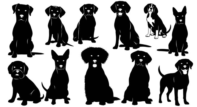 Collection of various dog breeds in silhouette, showcasing different poses and sizes.