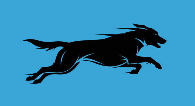 Dynamic black dog silhouette running on vibrant blue background.