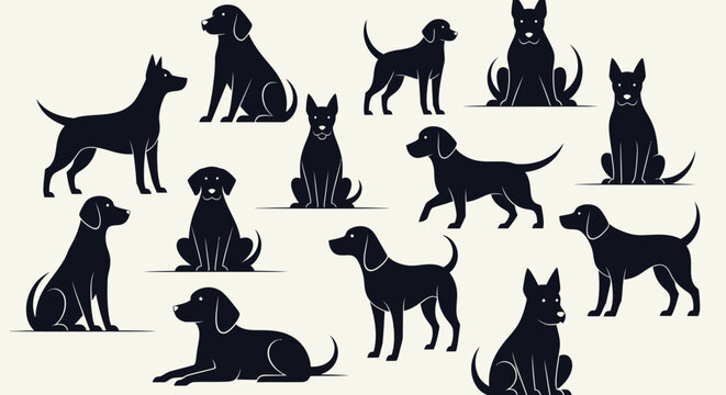 Collection of various black dog silhouettes in different poses.