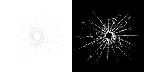 Obraz premium Detailed Broken Glass Surface With Circular Impact Hole And Sharp Shards On Transparent Background PNG