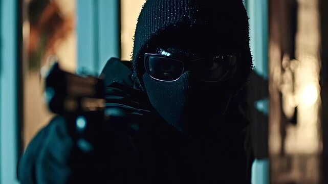 Criminal in a balaclava and sunglasses holding a handgun and aiming at the camera during a home invasion. Dangerous burglar breaking into a house for a robbery or assassination