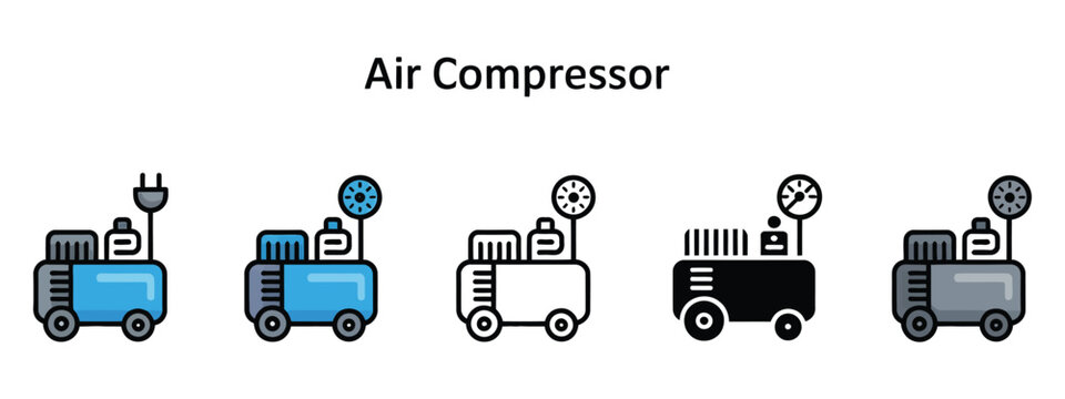 Air compressor icon different style vector illustration, two color and black versions, filled outline line and stroke design, web mobile ui interface usage.