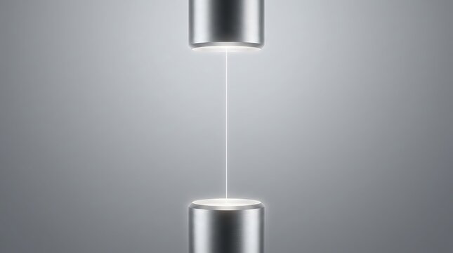 Abstract light beam connecting two cylindrical brushed metal objects in a futuristic technology concept on grey background with light ray