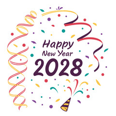 Obraz premium A vibrant illustration showcases happy new year 2028 surrounded by colorful confetti streamers and a festive party horn high quality